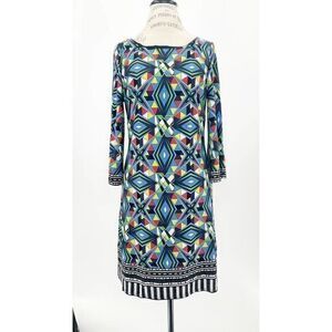 LAUNDRY BY SHELLI SEGAL Blue Multicolor Geometric Lined Shift Dress SMALL